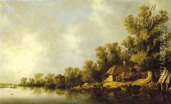 A wooded river landscape with fisherfolk and peasants by a cottage Oil Painting - Jan van Goyen