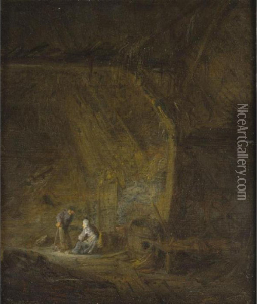 A Barn Interior With Two Peasants Conversing Oil Painting - Adriaen Jansz. Van Ostade