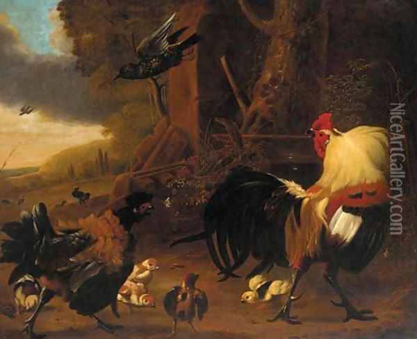 Two cockerels, chicks and other birds in a landscape Oil Painting - Melchior de Hondecoeter