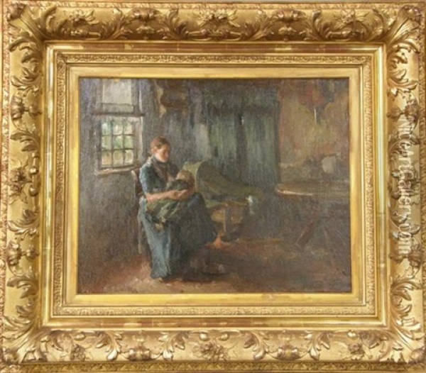Interior Scene With A Woman Suckling A Baby Oil Painting - Eduard Frankfort