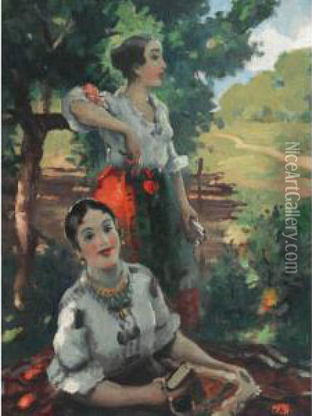 Country Girls In Their Sunday Best In The Dappled Shade Oil Painting - Dezso Pecsi-Pilch