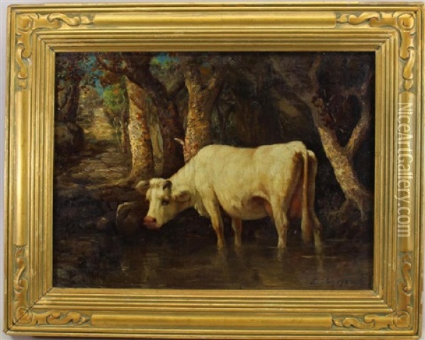 Painting Of A Cow In A River Landscape Oil Painting - Emile van Marcke de Lummen