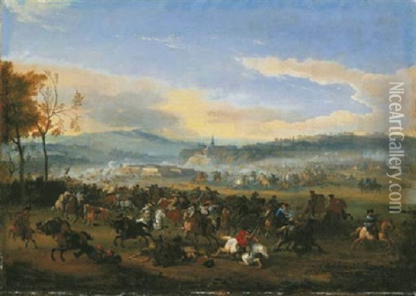 A Cavalry Battle With A Fortress Under Siege Beyond Oil Painting - Jan van Huchtenburg