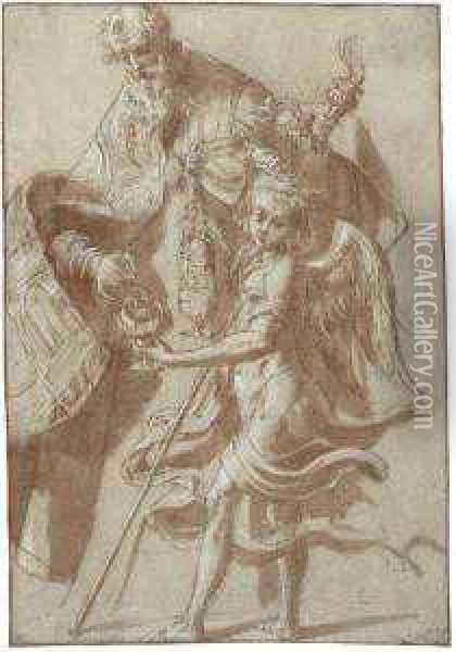 Saint Alexander Filling A Censer Held By An Angel Oil Painting - Girolamo Mazzola Bedoli