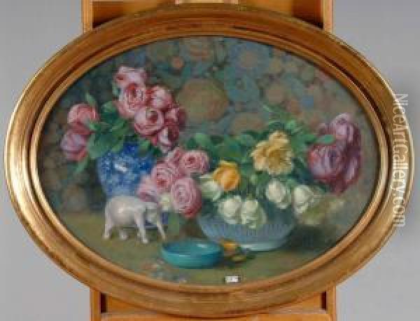 Nature Morte Aux Roses Oil Painting - Gustave Max Stevens