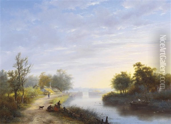 A River Landscape With Fishermen At Dusk Oil Painting - George Gillis van Haanen