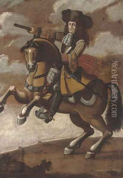 Portrait of a gentleman, full-length, on horseback, holding a baton in his right hand Oil Painting - Spanish School