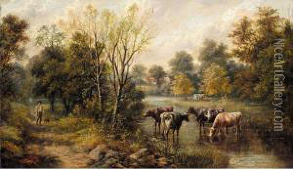 Landscape With Cattle Watering Oil Painting - Joseph Clark