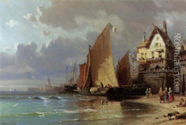 Sailing Vessels In A Harbor Oil Painting - Charles Euphrasie Kuwasseg