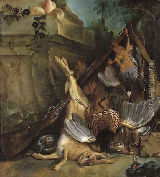 Dead game by a sculpted relief Oil Painting - Jean-Baptiste Oudry