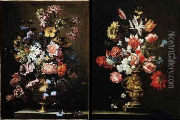 Vases De Fleurs Sur Entablements Oil Painting - Jacques-Charles Dutillieu