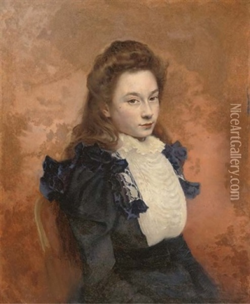 Portrait Of A Girl, Seated, In A Blue Dress Oil Painting - Edouard De Bergevin