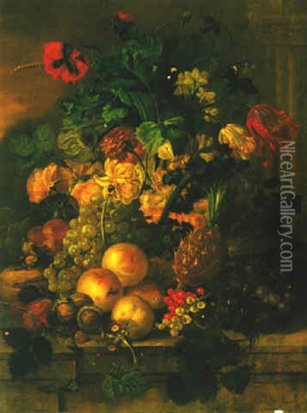 Still Life Of Fruit, Flowers, Corn And Nuts, All On A Stone Ledge Oil Painting - Gerrit Johan Van Leeuwen