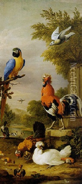 Exotic Fowl With A Parrot And Other Birds In A Landscape Oil Painting - Jakob Bogdani