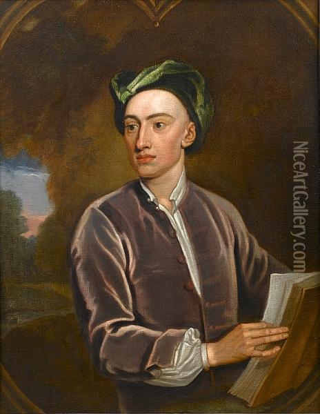 Portrait Of Alexander Pope, 
Half-length, In A Mauve Velvet Coat And Green Velvet Turban, Holding A 
Book, A Landscape Beyond, In A Painted Casement Oil Painting - Sir Godfrey Kneller