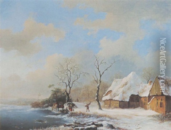 A Winter Landscape With Equestrians Near A Barn Oil Painting - Frederik Marinus Kruseman