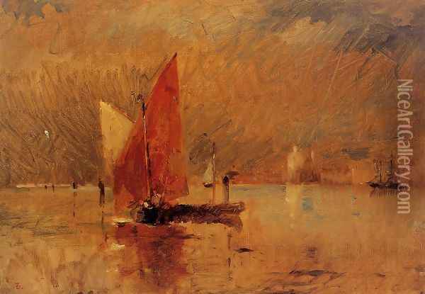 Red Sail in the Harbor at Venice Oil Painting - Frank Duveneck