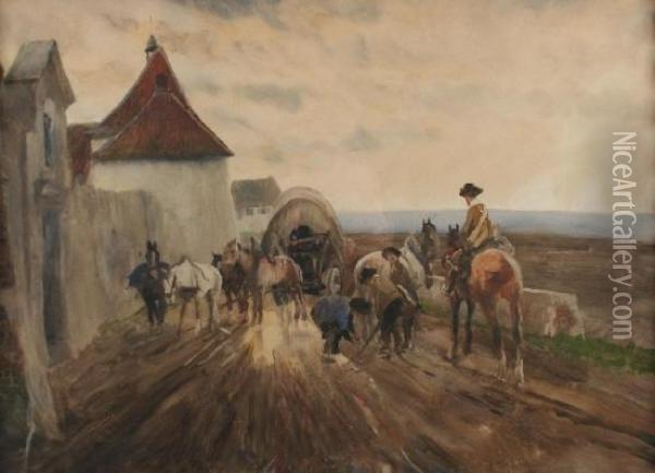 Pferdekutsche Vor Einer Alten Stadtmauer, Davor Reiter Und Personen Oil Painting - Wilhelm Schreuer