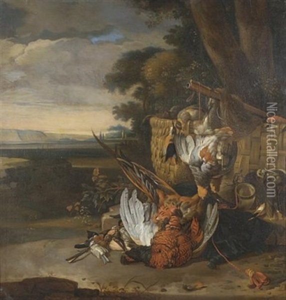 A Hunt Still Life With A Dead Pheasant, Grouse, Songbirds, Kingfisher And Other Birds, With A Horn, Basket, Net And Musket, Before A Tree, An Extensive Landcsape Beyond Oil Painting - Melchior de Hondecoeter