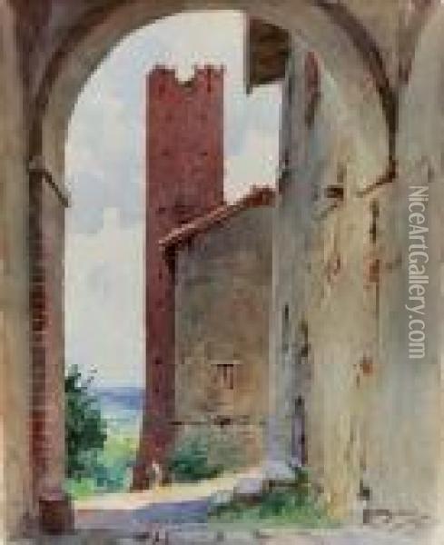 Veduta Di Paese Con Torre - 1944 Oil Painting - Achille Beltrame