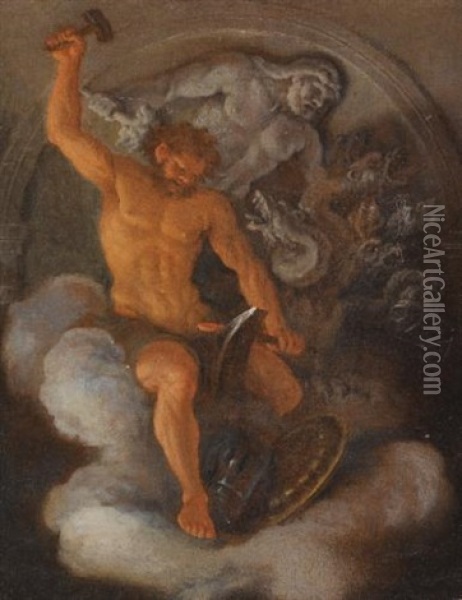 Vulcan At His Forge, Behind Him A Bas-relief Of Hercules Fighting The Hydra Oil Painting - Filippo Lauri
