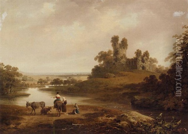 A River Landscape With Wayfarers And Their Donkeys In The Foreground, A Ruined Castle On A Bluff Oil Painting - Julius Caesar Ibbetson