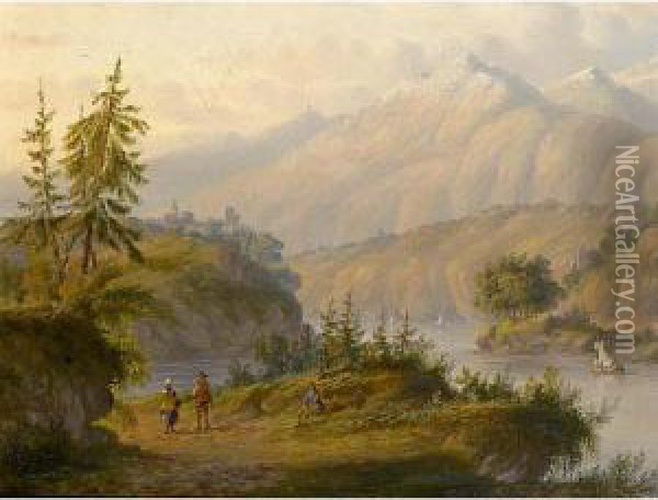 Travellers In An Extensive River Landscape Oil Painting - Carl Eduard Ahrendts