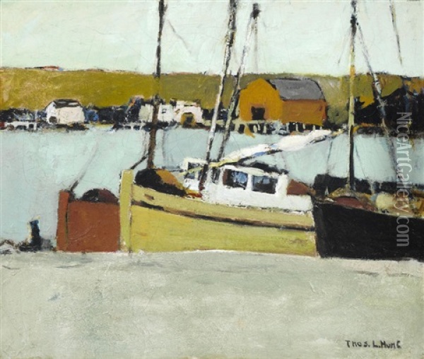 Fishing Boats In Harbor Oil Painting - Thomas Lorraine Hunt
