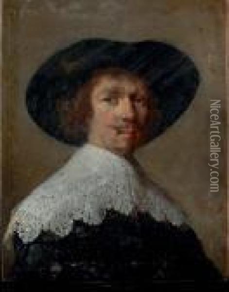 Portrait Of A Gentleman, Bust-length, In A Black Coat With Lace Collar And Black Hat Oil Painting - Rembrandt Van Rijn