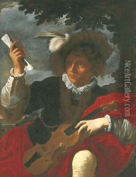 A boy in a plumed hat holding a violin and a sheet of music Oil Painting - Pier Francesco Mola