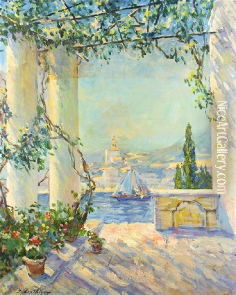 Mediterrane Terrasse Mit Ausblick Auf Das Mittelmeer Oil Painting - Georgi Alexandrovich Lapchine