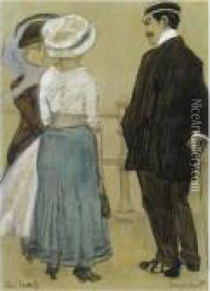 Conversation On The Boulevard, Scheveningen Oil Painting - Leo Gestel