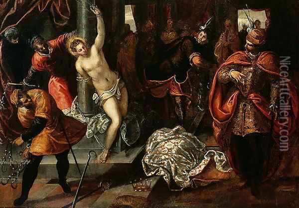 Saint Catherine of Alexandria being whipped in the presence of Emperor Maxentius Oil Painting - Jacopo Tintoretto (Robusti)