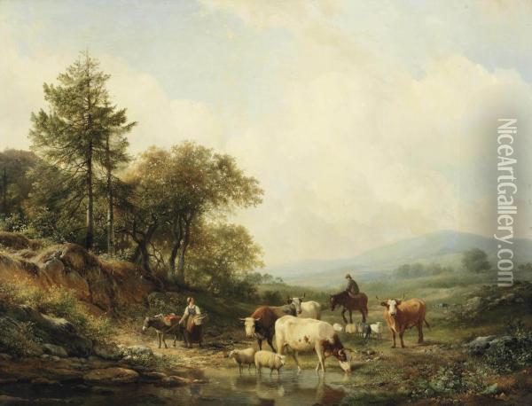 Watering Cattle In A Sunlit Landscape Oil Painting - Hendrikus van den Sande Bakhuyzen