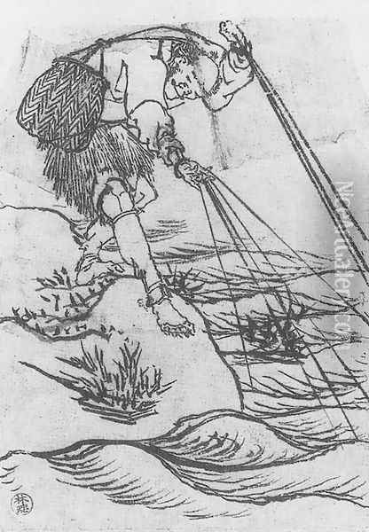 Study of a Cormorant Fisherman Oil Painting - Katsushika Hokusai
