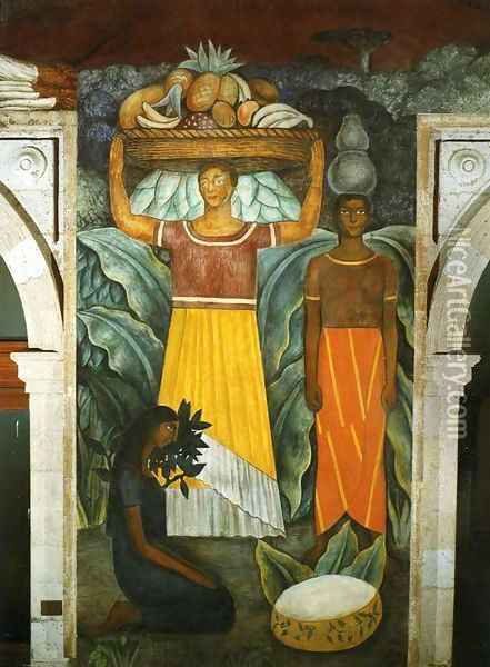 Political Vision of the Mexican People Tehuana Women (Mujeres tehuanas) 1923 Fresco north wall Ministry of Public Education Mexico City Mexico Oil Painting - Diego Rivera