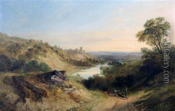 Extensive River Landscape With Figures Hauling Timber On A Track Oil Painting - George Cole, Snr.