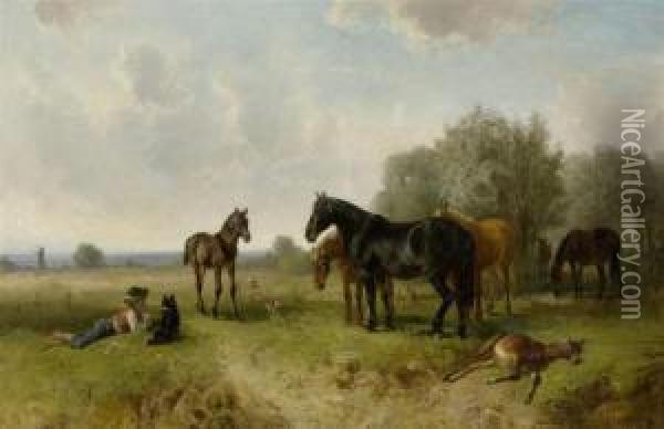 Group Of Horses With A Herdsman And His Dog Oil Painting - Ludwig Gustav Voltz