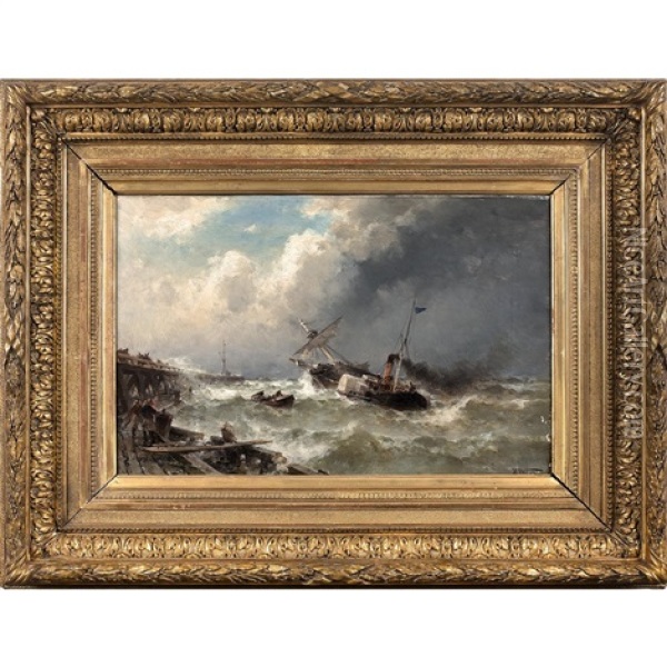 The Towing, Original Canvas Signed Lower Right: Th Weber Oil Painting - Theodor Alexander Weber