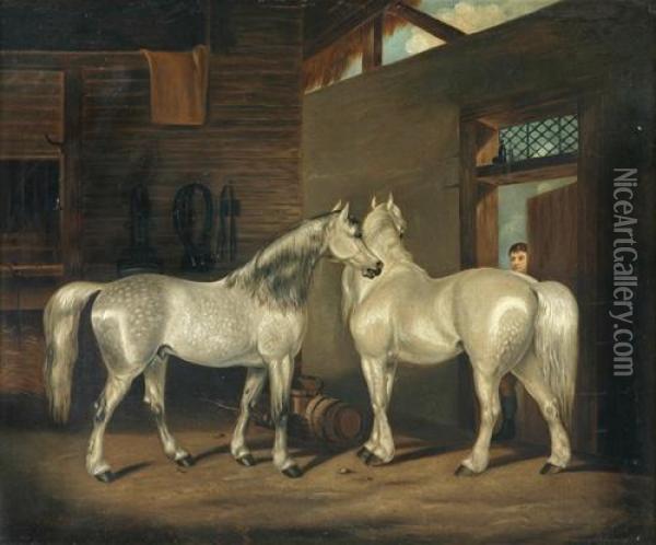Two Greys In A Stable Oil Painting - Edwin Loder