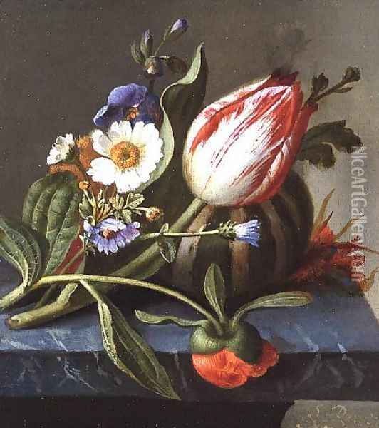Still life of a tulip, a melon and flowers on a ledge Oil Painting - Rachel Ruysch