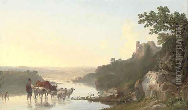 A wooded river landscape with a shepherd and his cattle in the foreground, a castle beyond Oil Painting - John F Tennant