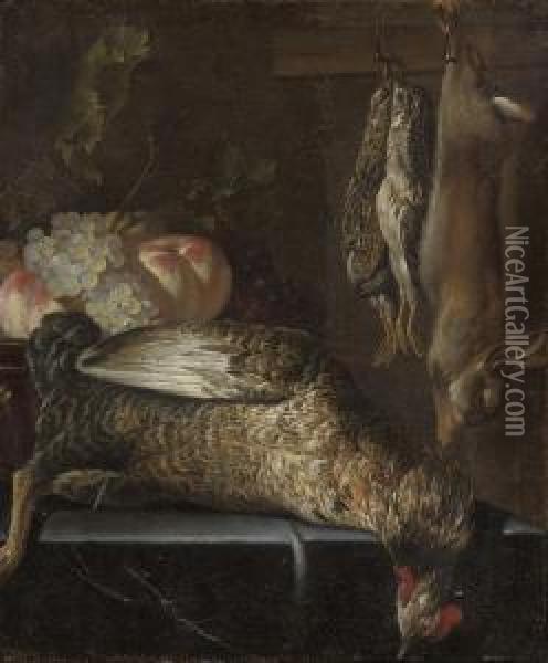 Dead Game And Fowl, Peaches And Grapes On A Ledge Oil Painting - William Gowe Ferguson