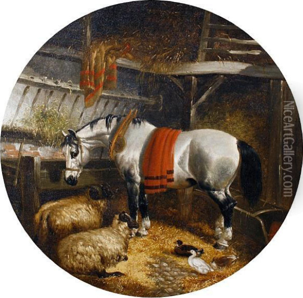 Horse, Sheep And Ducks In A Barn Oil Painting - John Frederick Herring Snr