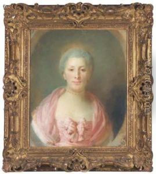 Portrait De Madame Boyer 
Fonfrede En Buste Portant Un Collier Avecun Noeud Sur Sa Robe, Dans Un 
Cadre Ovale Feint Oil Painting - Jean-Baptiste Perronneau