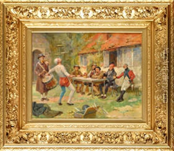 A Scene Outside A Country Tavern With Customers Entertained By A Juggler And Musician Oil Painting - Henry Gillard Glindoni