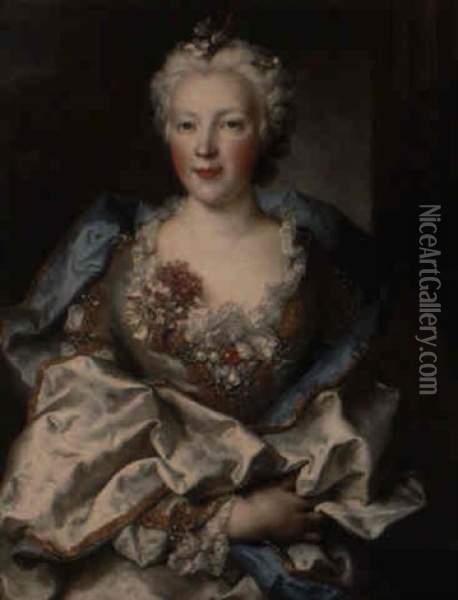 Portrait De Jeune Femme A La Robe Ornee D'oeillets Oil Painting - Nicolas de Largilliere