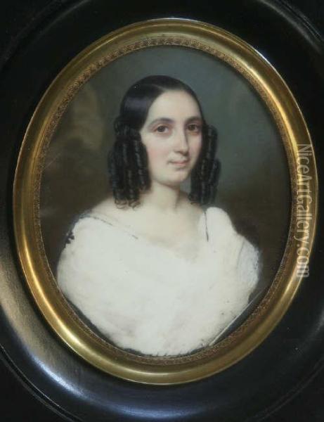 French Watercolour On Ivory Miniature Of A Lady With Dark Ringlets Signed, Oval 3.5 X 3in Oil Painting - Flavien Emmanuel Chabanne
