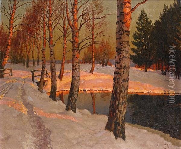 Sunset Oil Painting - Mikhail Markianovich Germanshev
