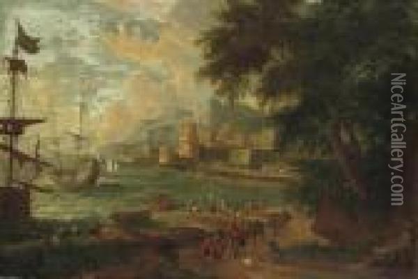 A 'capriccio' View Of A Mediterranean Harbour Oil Painting - Adriaen Frans Boudewijns